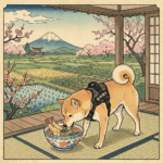 Shiba Inu mangeant des ramen devant le mont Fuji.