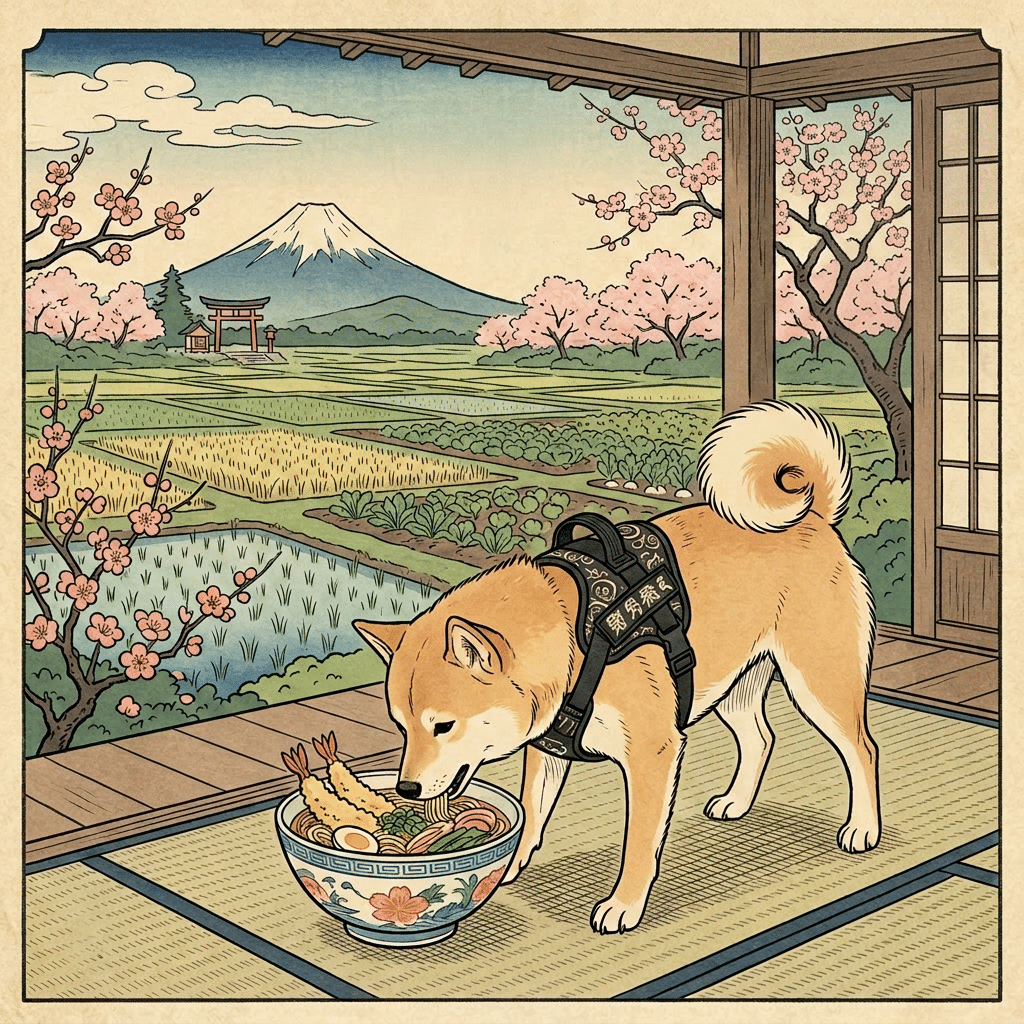 Shiba Inu mangeant des ramen devant le mont Fuji.
